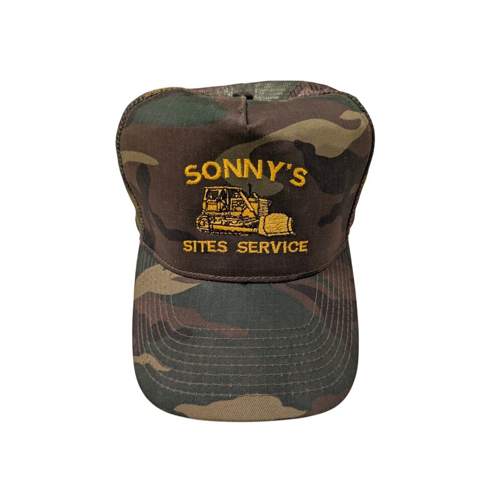 Vintage Sonny’s Site Service Camo Trucker Snapback Hat Mesh Back One Size